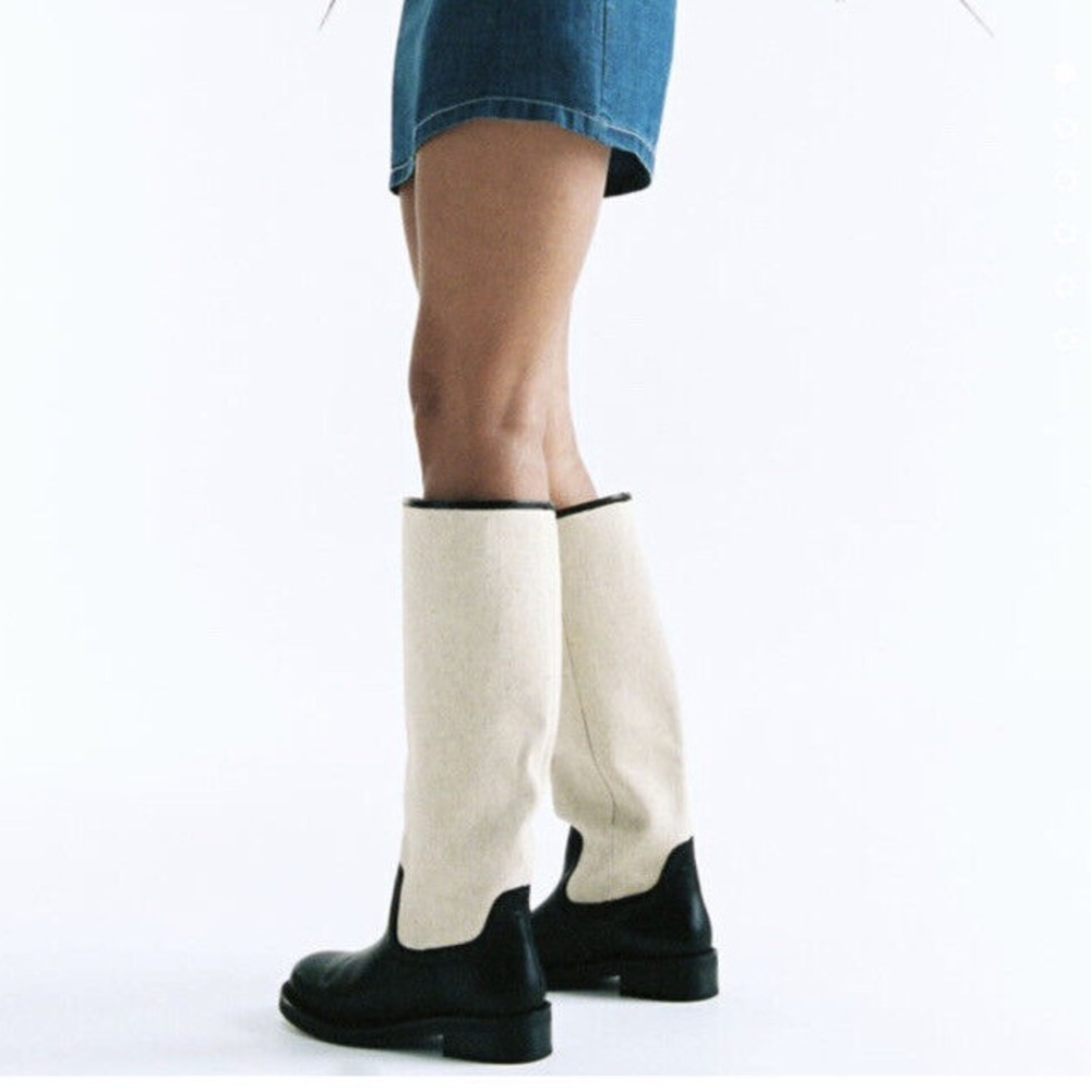 ZARA Combined Leather and Linen Knee High Boots Color block Size 7.5 / 38 RARE - Picture 3 of 14